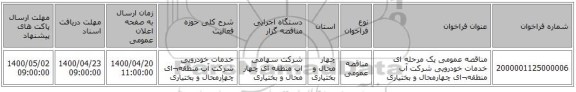 مناقصه عمومی یک مرحله ای خدمات خودرویی شرکت آب منطقه¬ای چهارمحال و بختیاری