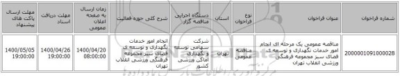 مناقصه عمومی یک مرحله ای انجام امور خدمات نگهداری و توسعه ی فضای سبز مجموعه فرهنگی  ورزشی انقلاب تهران 