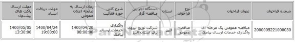 مناقصه عمومی یک مرحله ای واگذاری خدمات ارسال پیامک