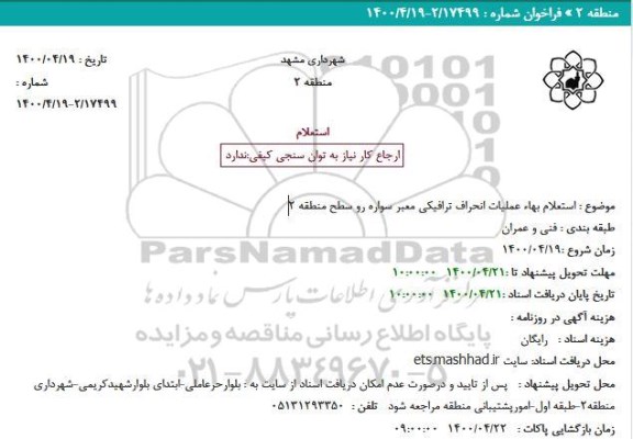 استعلام بهاء عملیات انحراف ترافیکی معبر سواره رو سطح منطقه 2