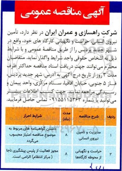 مناقصه تامین نیروی انسانی، حراست و نگهبانی کارگاهها