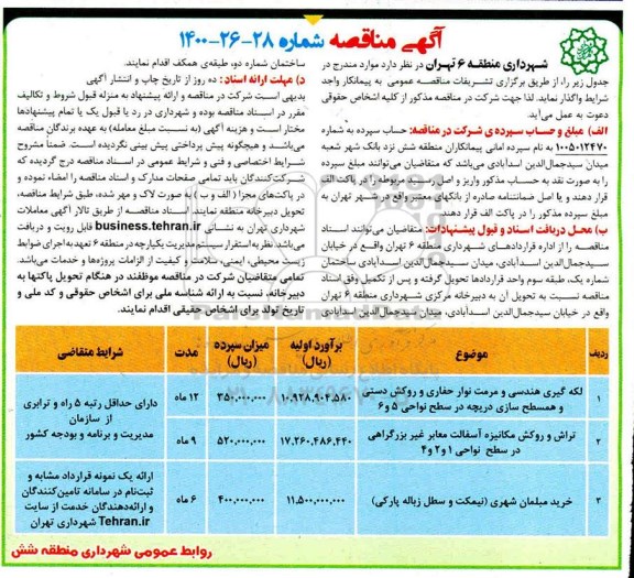 آگهی مناقصه , مناقصه لکه گیری هندسی و مرمت نوار حفاری