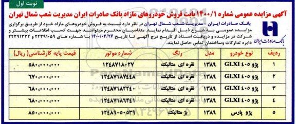 مزایده، مزایده فروش خودروهای مازاد بانک 