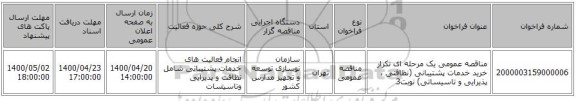 مناقصه عمومی یک مرحله ای تکرار خرید خدمات پشتیبانی (نظافتی ، پذیرایی و تاسیساتی) نوبت3