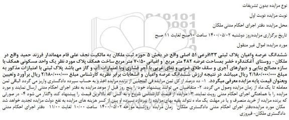 مزایده،مزایده فروش ششدانگ عرصه واعیان پلاک ثبتی 133فرعی 51 اصلی 