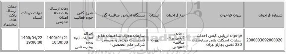 فراخوان ارزیابی کیفی احداث عملیات اسکلت بتنی بیمارستان 330 تختی بهارلو تهران