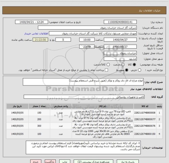 استعلام انواع چراغ ال ای دی روکار و توکار (طبق شرح فنی استعلام پیوست)