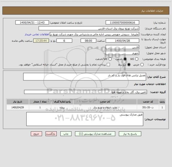 استعلام تعدیل ترانس های فول بار و کم بار