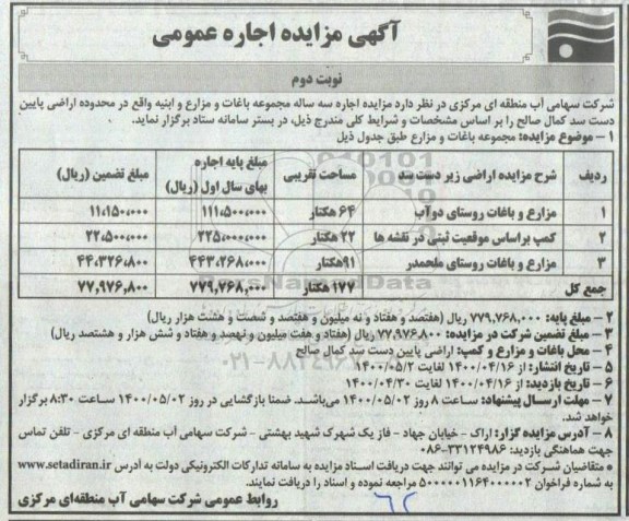مزایده، مزایده اجاره سه ساله مجموعه باغات و مزارع و ابنیه- نوبت دوم