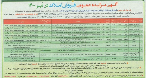 آگهی مزایده،مزایده فروش املاک و اراضی کاربری تجاری و اداری و مسکونی