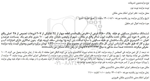 مزایده،مزایده فروش ششدانگ ساختمان مسکونی دو طبقه  پلاک 1380 فرعی از50فرعی باقیمانده و قطعه چهار از 24 تفکیکی از 207 فروعات تجمیعی از 38  اصلی 