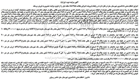 مزایده،مزایده فروش یک واحد اداری در طبقه زیرزمین ساختمان به شماره پلاک 6