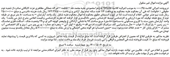 مزایده یک واحد آپارتمان – به مساحت 80 متر مربع