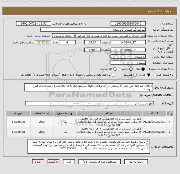 استعلام 14000 متر لوله پلی اتیلن گازرسانی در سایزهای 63و90 میلیمتر (هر کدام 7000متر) با مشخصات فنی پیوست 