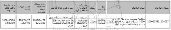 مناقصه عمومی دو مرحله ای خرید 3000 دستگاه کنتور سه فاز هوشمند چند تعرفه اتصال مستقیم- فهام