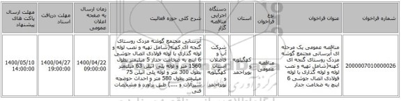 مناقصه عمومی یک مرحله ای آبرسانی مجتمع گوشه مزدک روستای گنجه ای کهنه(شامل تهیه و نصب لوله و لوله گذاری با لوله فولادی اتصال جوشی 6 اینچ به ضخامت جدار 