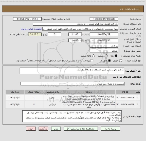 استعلام 2 قلم ورق برنجی طبق مشخصات و ابعاد پیوست.