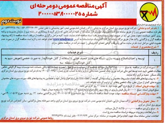 مناقصه اصلاح و بهینه سازی، شبکه های فشار ضعیف هوایی