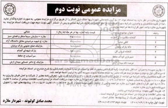 مزایده اجاره املاک- نوبت دوم 