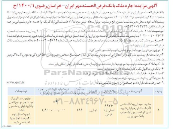 مزایده، مزایده اجاره ملک با کاربری تجاری