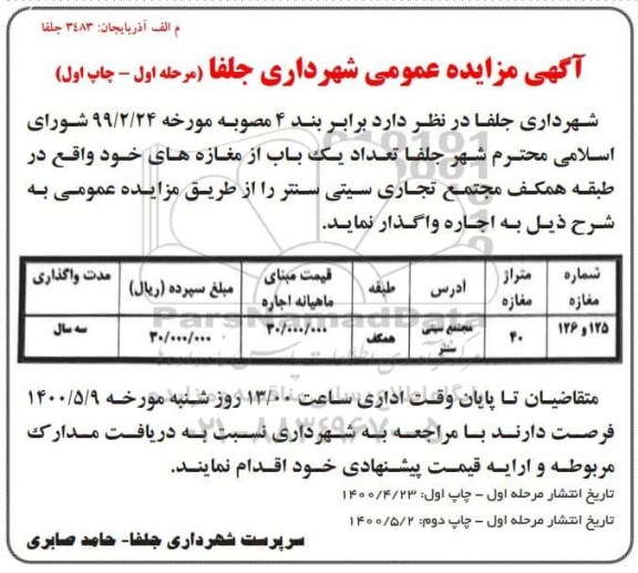 مزایده، مزایده واگذاری یک باب مغازه