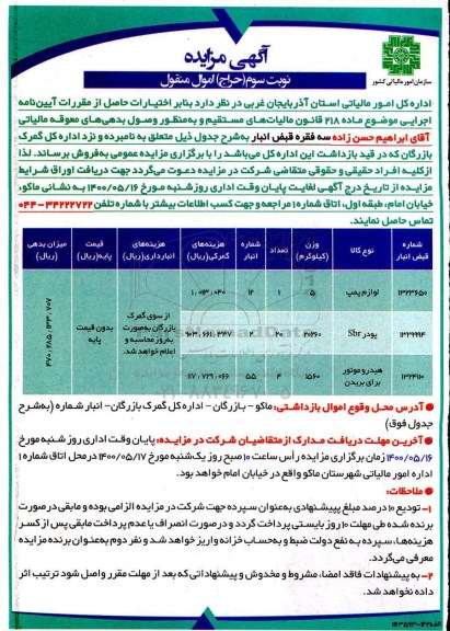مزایده فروش لوازم پمپ و... - نوبت سوم