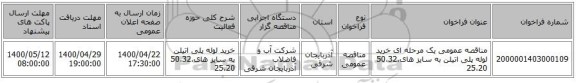 مناقصه عمومی یک مرحله ای خرید لوله پلی اتیلن به سایز های50،32،25،20