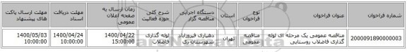 مناقصه عمومی یک مرحله ای لوله گذاری فاضلاب روستایی