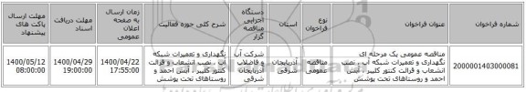 مناقصه عمومی یک مرحله ای نگهداری و تعمیرات شبکه آب ، نصب انشعاب و قرائت کنتور کلیبر ، آبش احمد و روستاهای تحت پوشش