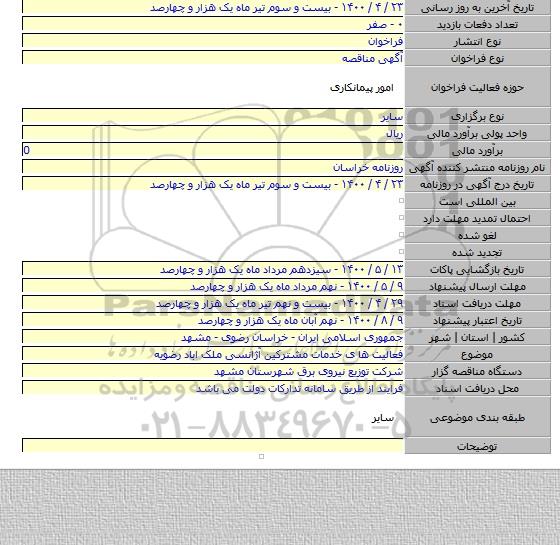 فعالیت ها ی خدمات مشترکین آژانسی ملک اباد رضویه