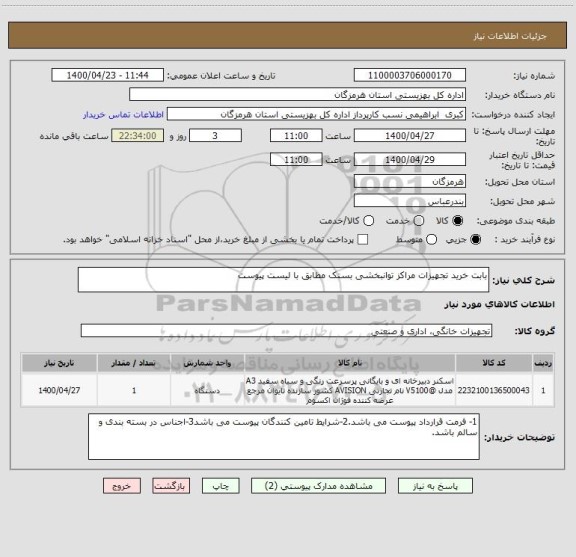 استعلام بابت خرید تجهیزات مراکز توانبخشی بستک مطابق با لیست پیوست