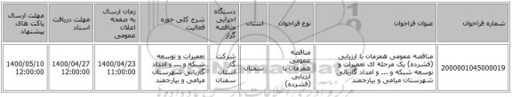 مناقصه عمومی همزمان با ارزیابی (فشرده) یک مرحله ای تعمیرات و توسعه شبکه و ... و امداد گازبانی شهرستان میامی و بیارجمند