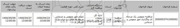 مناقصه عمومی یک مرحله ای واگذاری امور عمومی و خدماتی