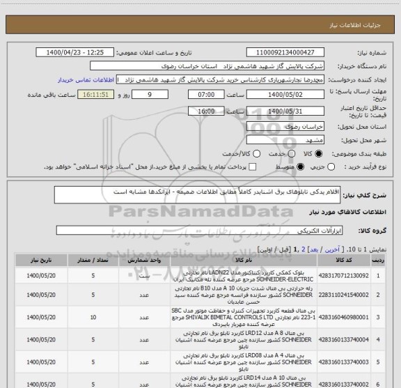 استعلام اقلام یدکی تابلوهای برق اشنایدر کاملاً مطابق اطلاعات ضمیمه - ایرانکدها مشابه است