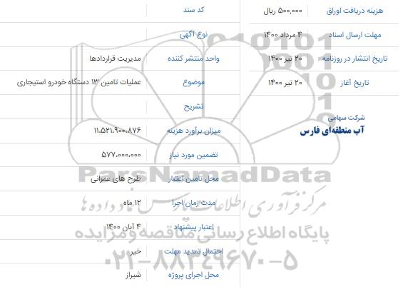 مناقصه تامین 13 دستگاه خودرو استیجاری 