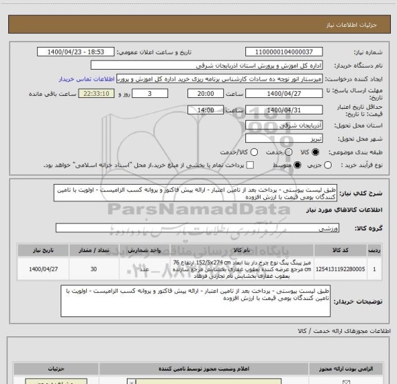 استعلام طبق لیست پیوستی - پرداخت بعد از تامین اعتبار - ارائه پیش فاکتور و پروانه کسب الزامیست - اولویت با تامین کنندگان بومی قیمت با ارزش افزوده