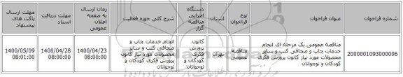 مناقصه عمومی یک مرحله ای انجام خدمات چاپ و صحافی کتب و سایر محصولات مورد نیاز کانون پرورش فکری کودکان و نوجوانان
