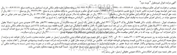 مزایده ششدانگ یکباب دکان قطعه4 تفکیکی پلاک 4 فرعی