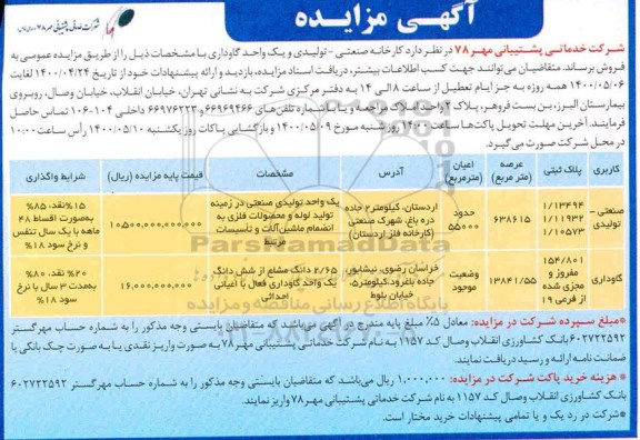 مزایده، مزایده فروش یک واحد گاوداری و کارخانه تولیدی صنعتی
