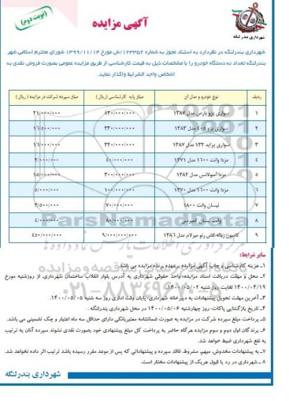 مزایده، مزایده فروش تعداد نه دستگاه خودرو  - نوبت دوم 