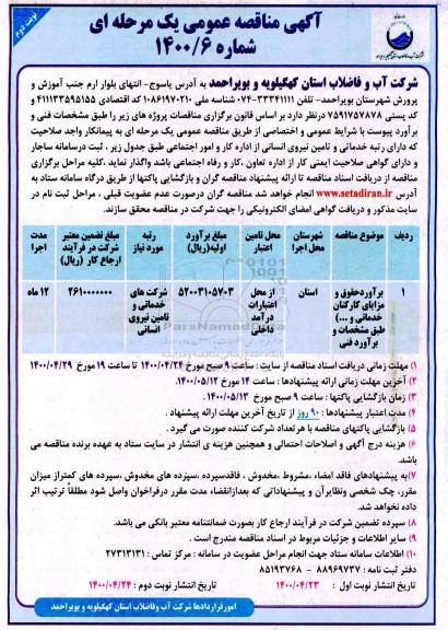 مناقصه، مناقصه برآورد حقوق و مزایای کارکنان خدماتی و... 