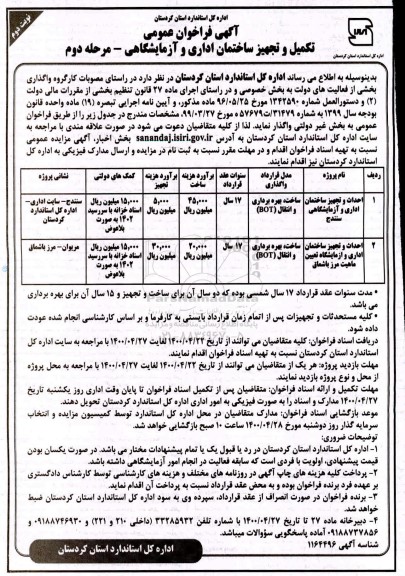 مناقصه، مناقصه احداث و تجهیز ساختمان اداری و آزمایشگاهی...- مرحله دوم نوبت دوم 