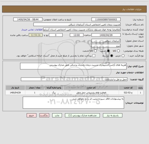 استعلام هزینه های آژانس استیجاری مدیریت درمان واسناد پزشکی طبق مدارک پیوستی