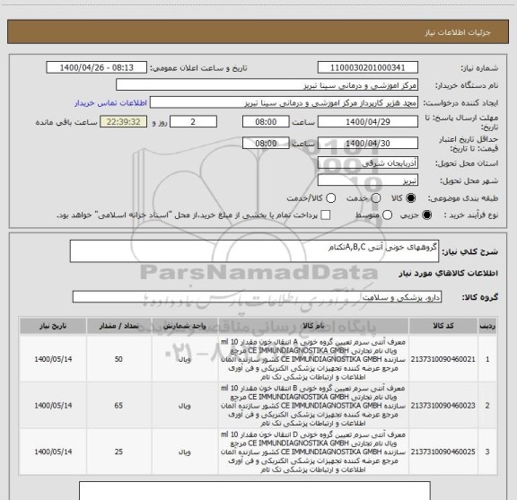 استعلام گروههای خونی آنتی A,B,Cتکتام 