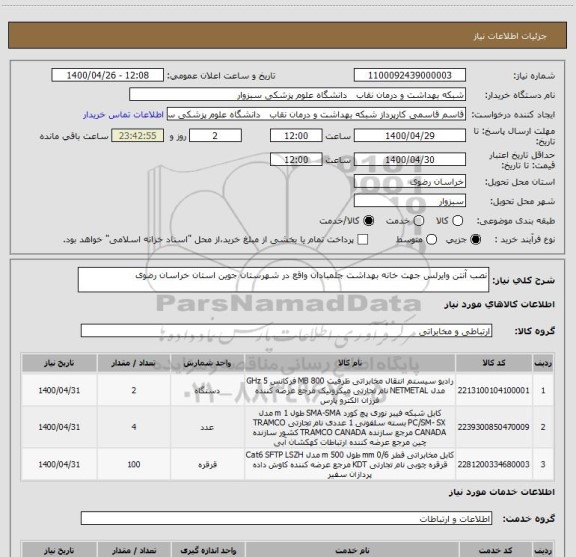استعلام نصب آنتن وایرلس جهت خانه بهداشت جلمبادان واقع در شهرستان جوین استان خراسان رضوی
