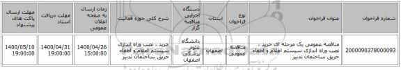مناقصه عمومی یک مرحله ای خرید ، نصب وراه اندازی سیستم اعلام و اطفاء حریق ساختمان تدبیر 