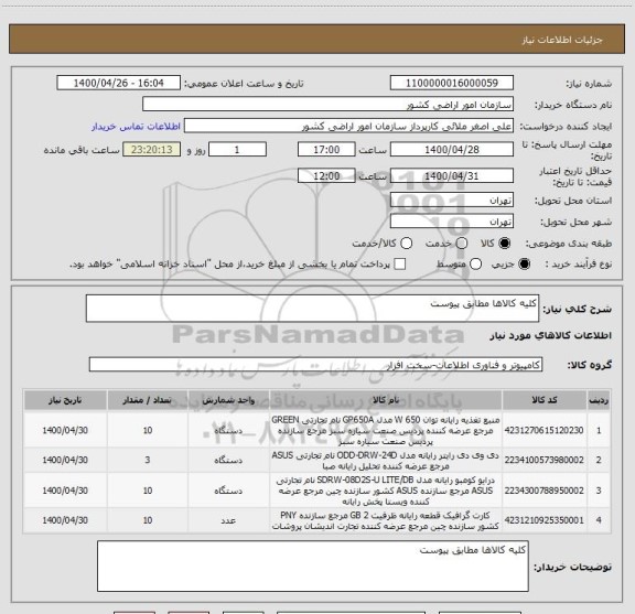 استعلام کلیه کالاها مطابق پیوست