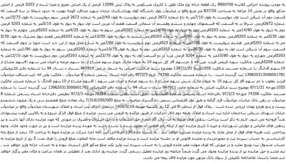 آگهی مزایده  یک قطعه خانه نوع ملک طلق با کاربری مسکونی به پلاک ثبتی 13599 فرعی