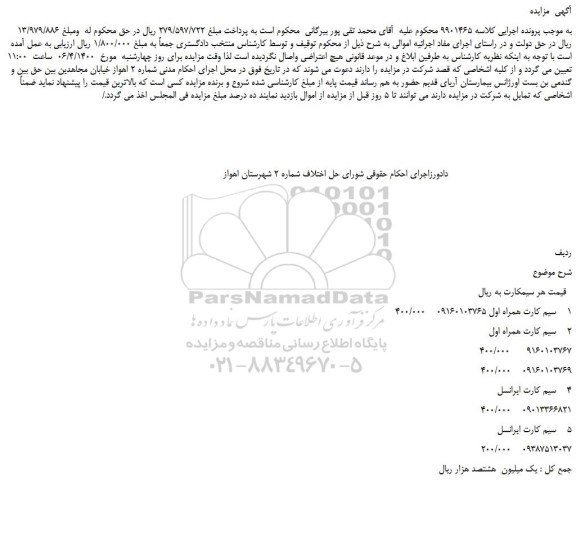 مزایده،مزایده فروش سیم کارت همراه اول