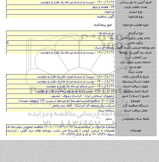 ط/۴۰۰/۱۶- مناقصه فشرده توسعه دو بی خط در پست ۱۳۲ کیلوولت نهبندان